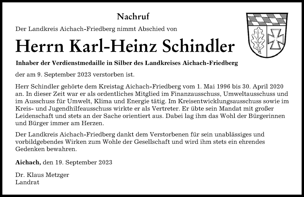 Traueranzeige von Karl-Heinz Schindler von Friedberger Allgemeine, Aichacher Nachrichten