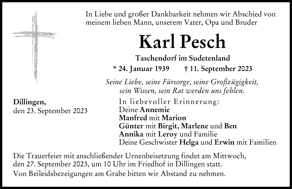  Traueranzeige für Karl Pesch vom 23.09.2023 aus Donau Zeitung