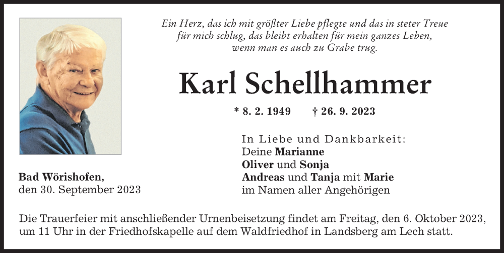  Traueranzeige für Karl Schellhammer vom 30.09.2023 aus Landsberger Tagblatt