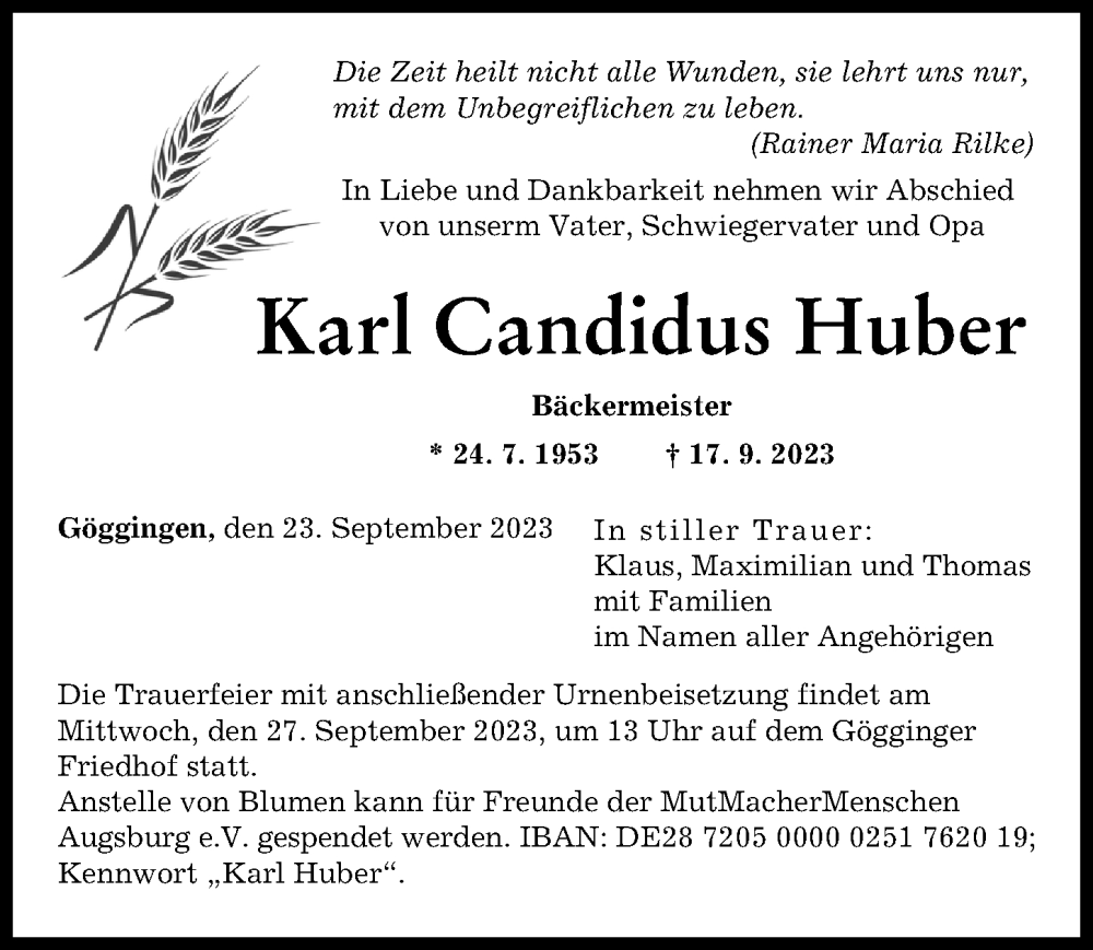 Traueranzeige von Karl Candidus Huber von Augsburger Allgemeine