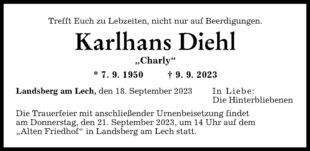 Traueranzeige von Karlhans Diehl von Augsburger Allgemeine