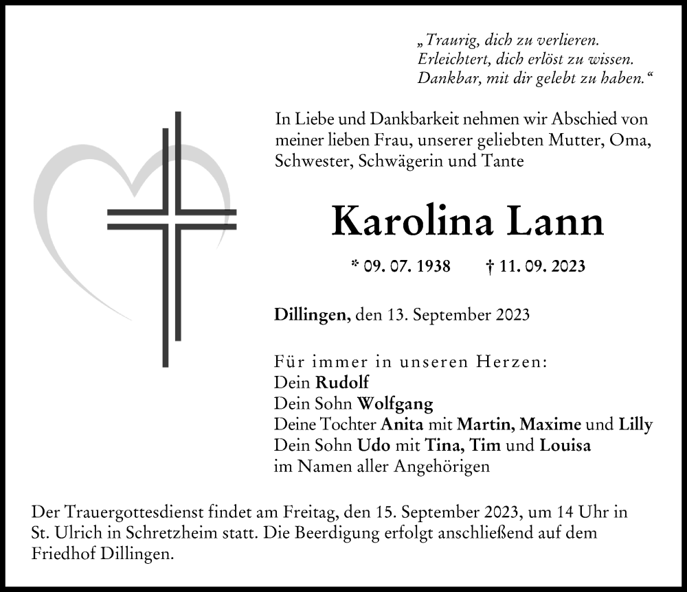 Traueranzeige von Karolina Lann von Donau Zeitung