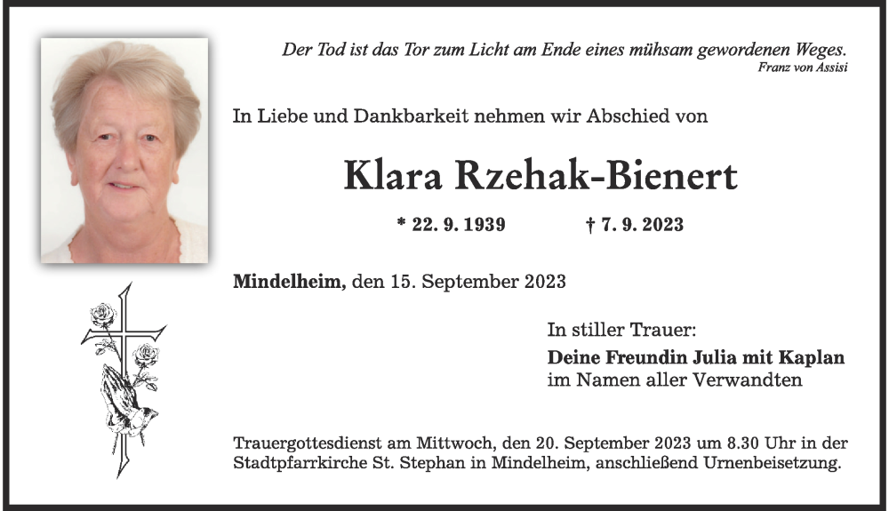  Traueranzeige für Klara Rzehak-Bienert vom 15.09.2023 aus Mindelheimer Zeitung