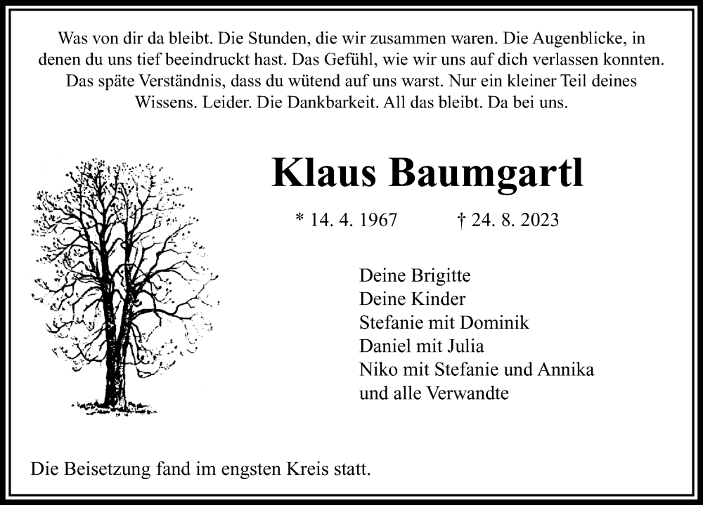  Traueranzeige für Klaus Baumgartl vom 30.09.2023 aus Rieser Nachrichten