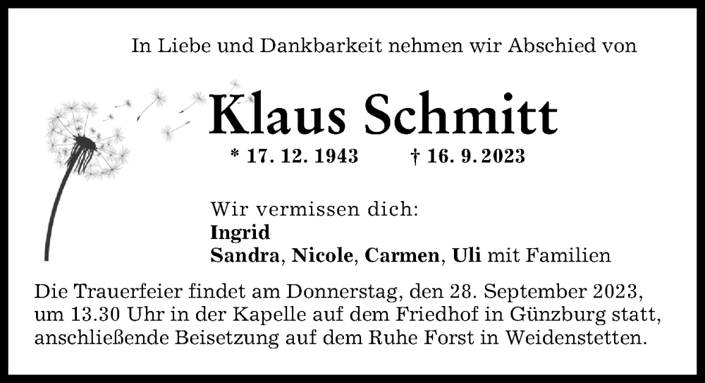  Traueranzeige für Klaus Schmitt vom 23.09.2023 aus Günzburger Zeitung