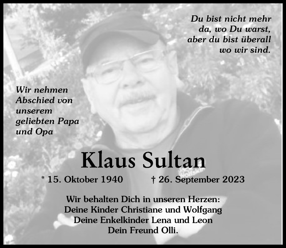 Traueranzeige für Klaus Sultan vom 30.09.2023 aus Neuburger Rundschau