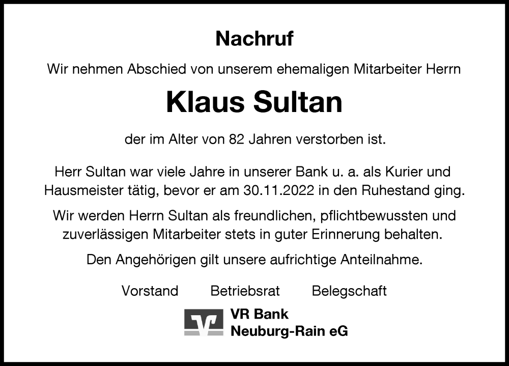 Traueranzeige für Klaus Sultan vom 29.09.2023 aus Neuburger Rundschau
