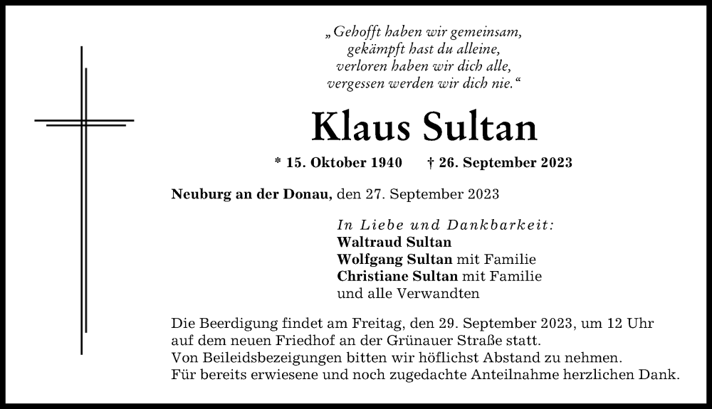  Traueranzeige für Klaus Sultan vom 27.09.2023 aus Neuburger Rundschau