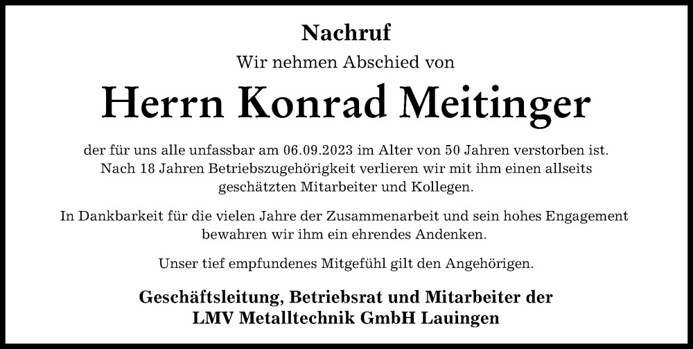  Traueranzeige für Konrad Meitinger vom 28.09.2023 aus Donau Zeitung