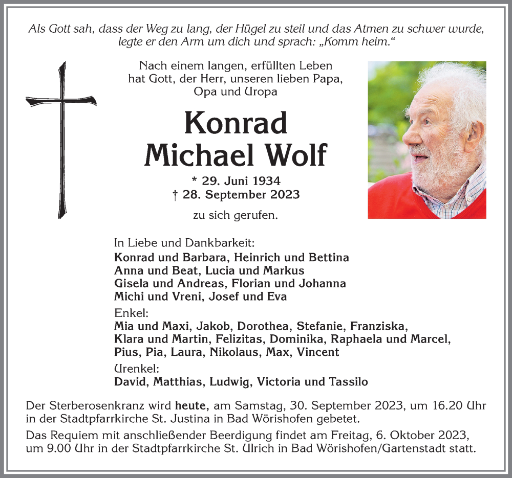  Traueranzeige für Konrad Michael Wolf vom 30.09.2023 aus Mindelheimer Zeitung