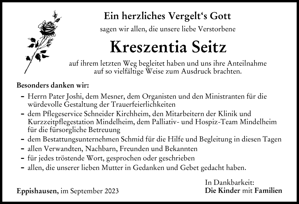  Traueranzeige für Kreszentia Seitz vom 28.09.2023 aus Mindelheimer Zeitung