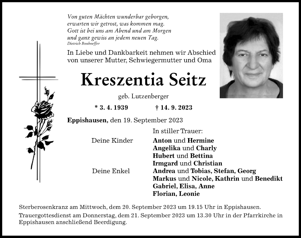  Traueranzeige für Kreszentia Seitz vom 19.09.2023 aus Mindelheimer Zeitung