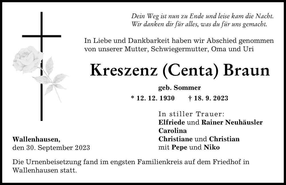  Traueranzeige für Kreszenz Braun vom 30.09.2023 aus Neu-Ulmer Zeitung