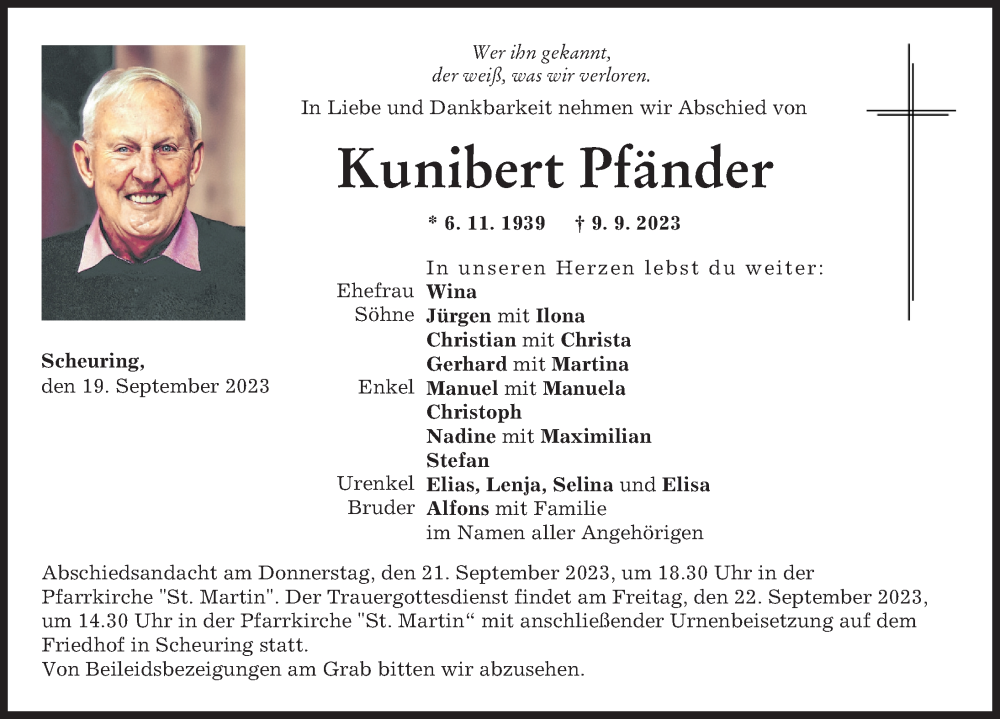  Traueranzeige für Kunibert Pfänder vom 19.09.2023 aus Landsberger Tagblatt