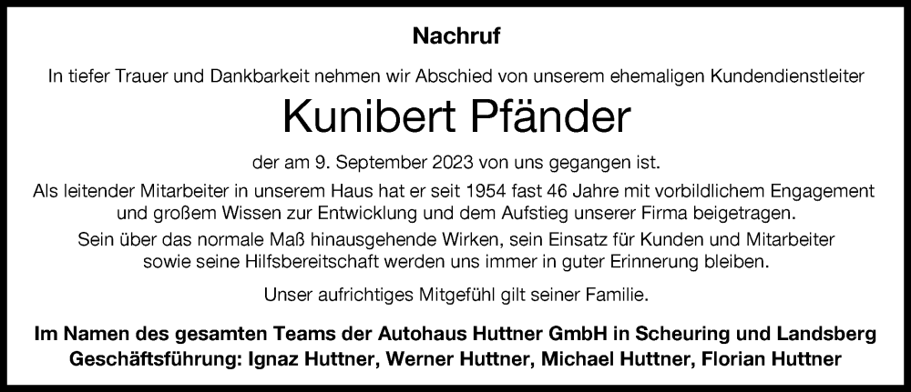  Traueranzeige für Kunibert Pfänder vom 21.09.2023 aus Landsberger Tagblatt