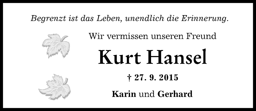  Traueranzeige für Kurt Hansel vom 27.09.2023 aus Augsburger Allgemeine