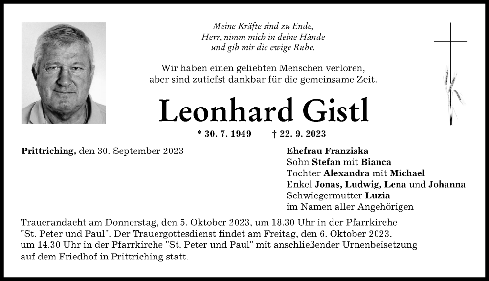  Traueranzeige für Leonhard Gistl vom 30.09.2023 aus Landsberger Tagblatt