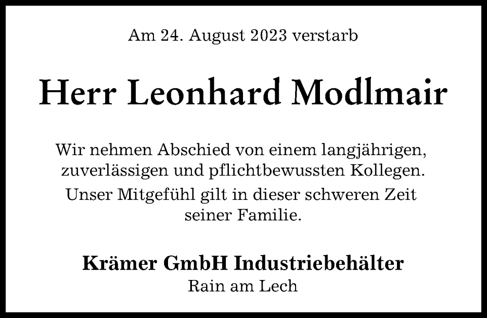 Traueranzeige von Leonhard Modlmair von Donauwörther Zeitung