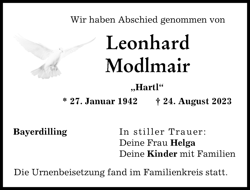 Traueranzeige von Leonhard Modlmair von Donauwörther Zeitung