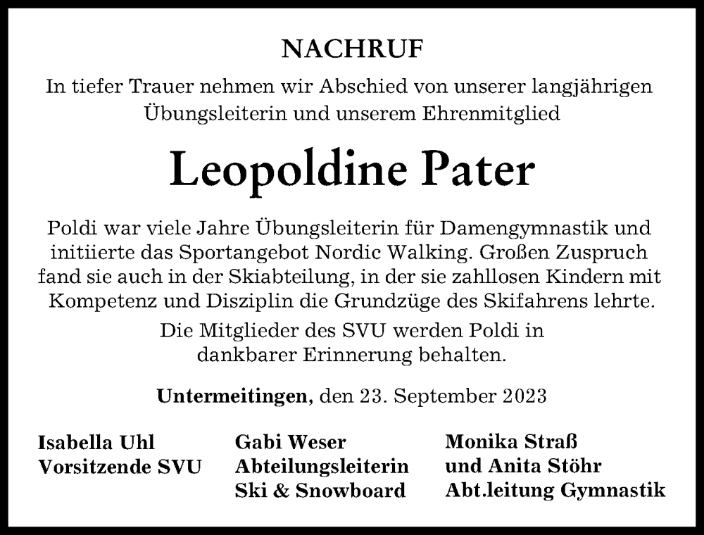  Traueranzeige für Leopoldine Pater vom 23.09.2023 aus Schwabmünchner Allgemeine