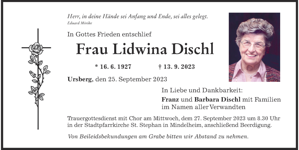  Traueranzeige für Lidwina Dischl vom 25.09.2023 aus Mindelheimer Zeitung