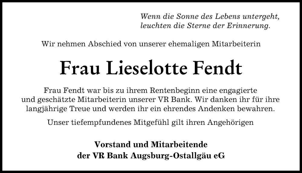 Traueranzeige von Lieselotte Fendt von Augsburger Allgemeine