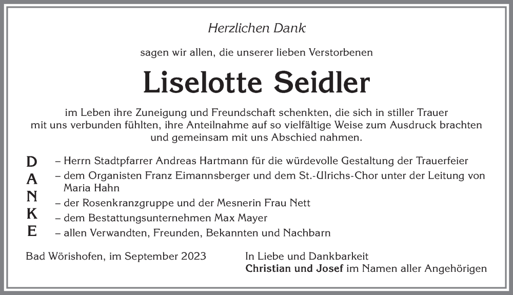 Traueranzeige von Liselotte Seidler von Mindelheimer Zeitung