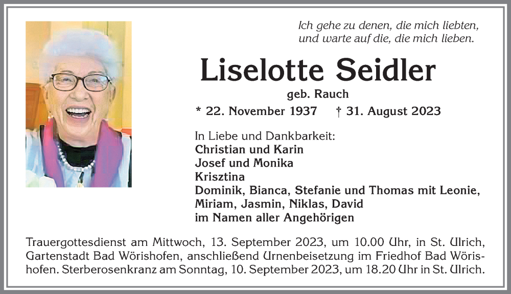  Traueranzeige für Liselotte Seidler vom 09.09.2023 aus Mindelheimer Zeitung