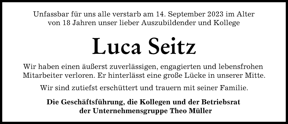  Traueranzeige für Luca Seitz vom 21.09.2023 aus Mittelschwäbische Nachrichten