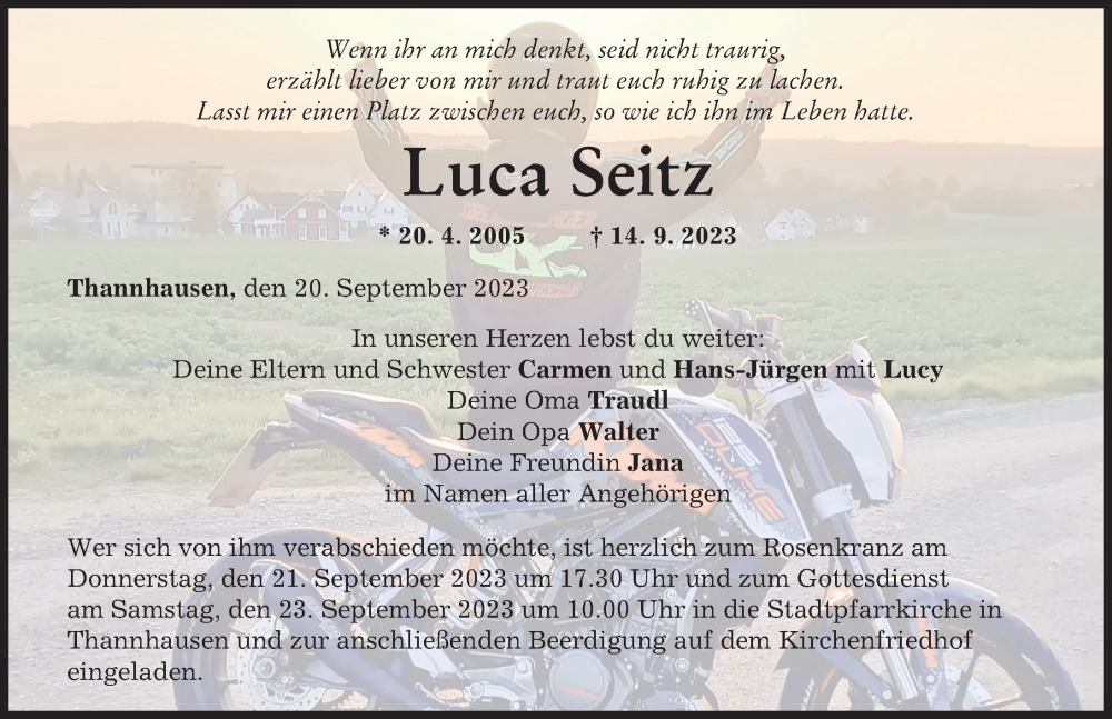  Traueranzeige für Luca Seitz vom 20.09.2023 aus Mittelschwäbische Nachrichten