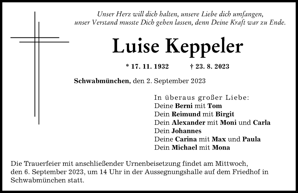 Traueranzeige von Luise Keppeler von Schwabmünchner Allgemeine