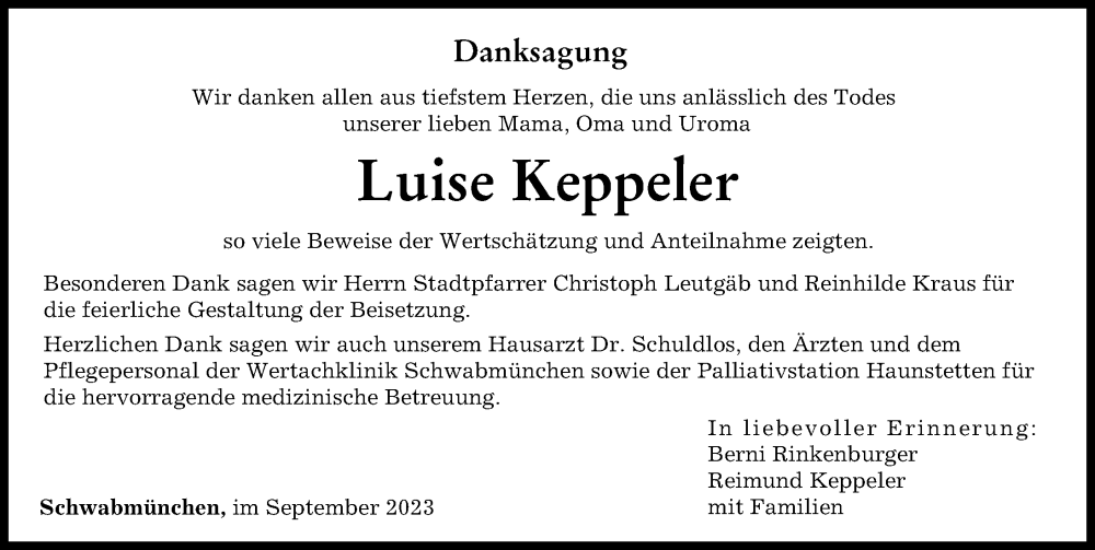 Traueranzeige von Luise Keppeler von Schwabmünchner Allgemeine