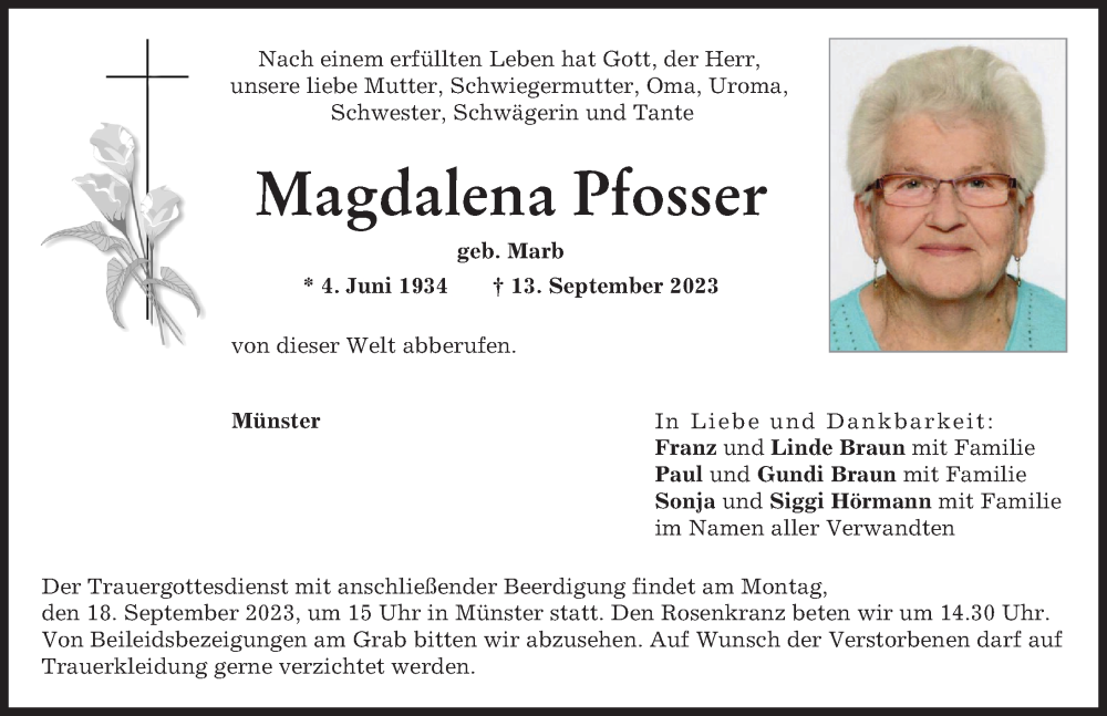  Traueranzeige für Magdalena Pfosser vom 15.09.2023 aus Donauwörther Zeitung