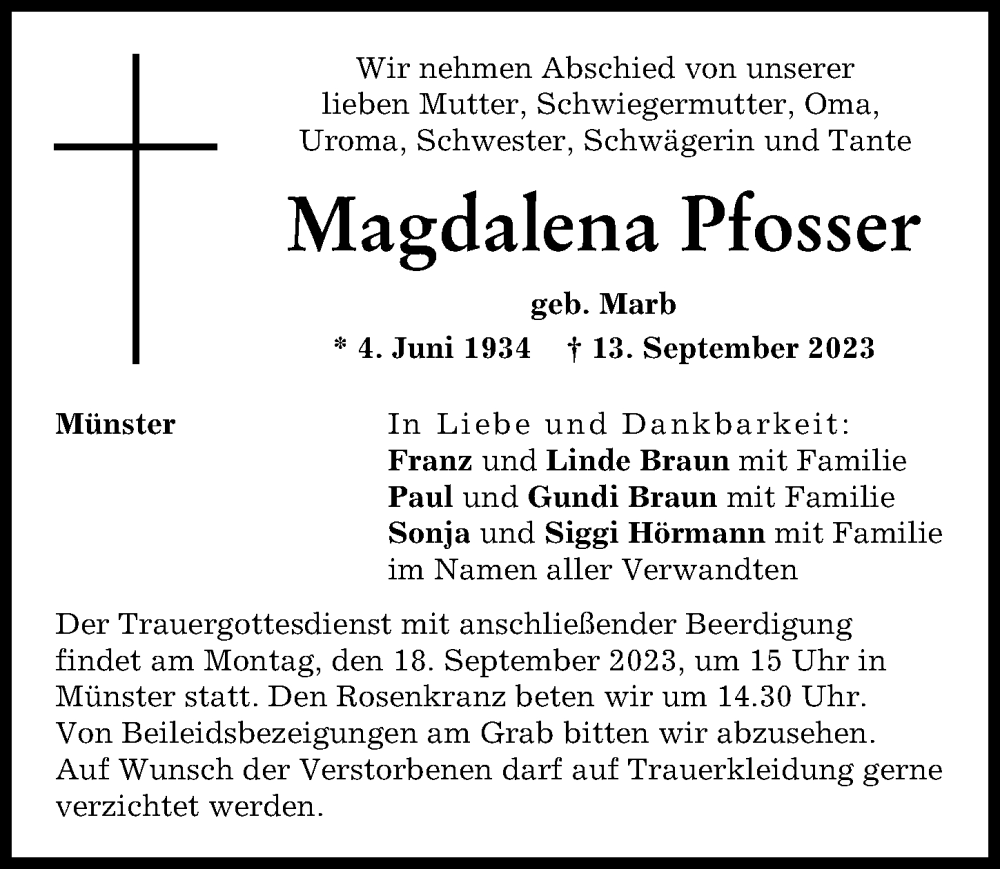  Traueranzeige für Magdalena Pfosser vom 15.09.2023 aus Augsburg-Land