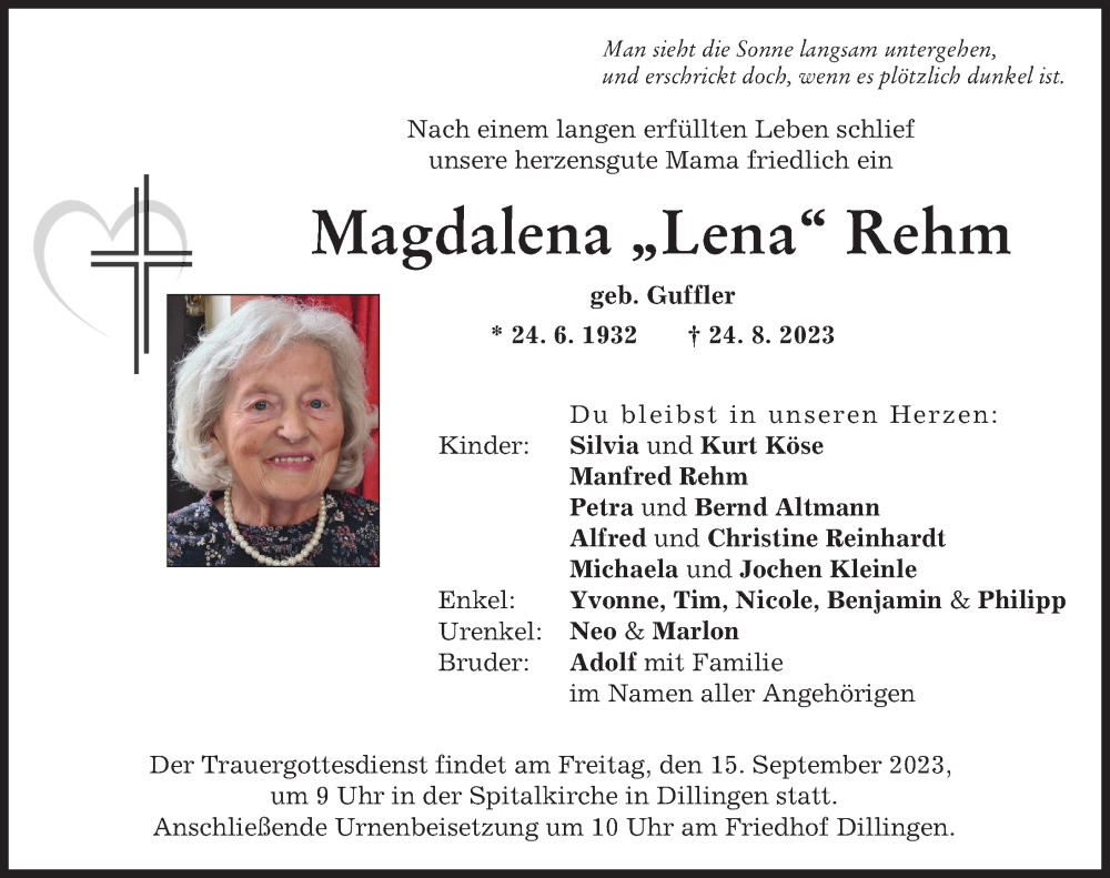  Traueranzeige für Magdalena  Rehm vom 13.09.2023 aus Donau Zeitung