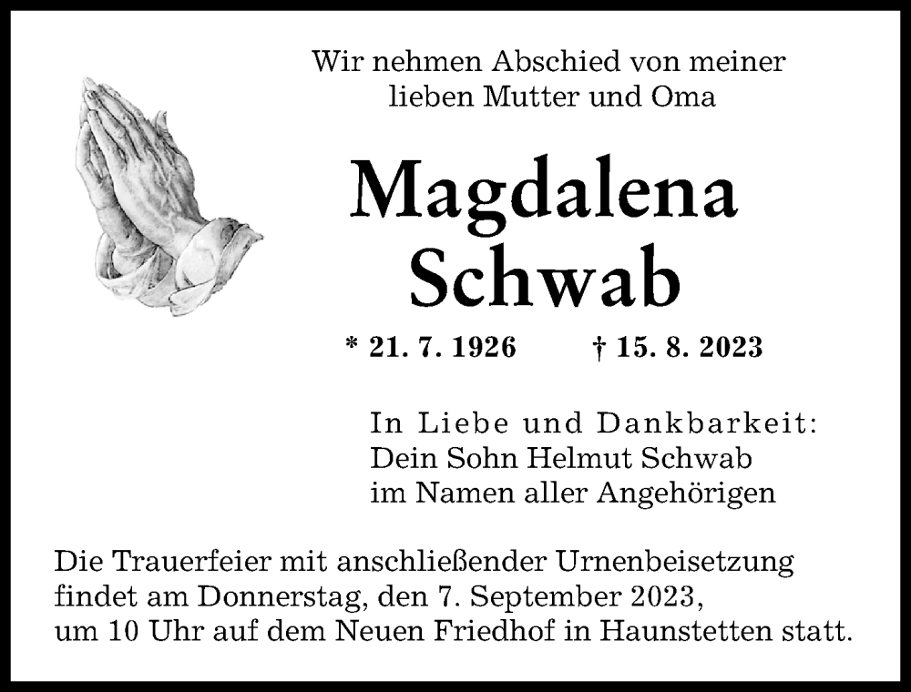 Traueranzeige von Magdalena Schwab von Augsburger Allgemeine