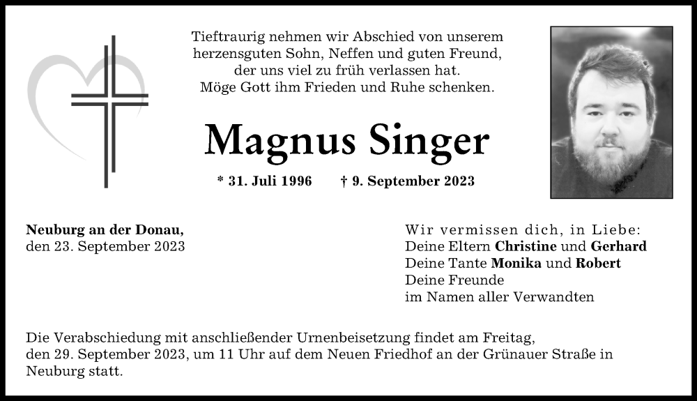 Traueranzeige von Magnus Singer von Neuburger Rundschau