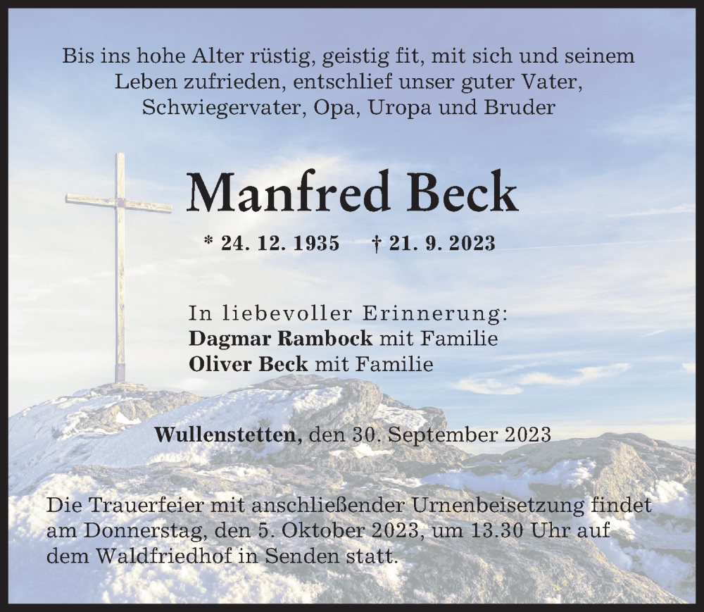  Traueranzeige für Manfred Beck vom 30.09.2023 aus Augsburger Allgemeine, Neu-Ulmer Zeitung