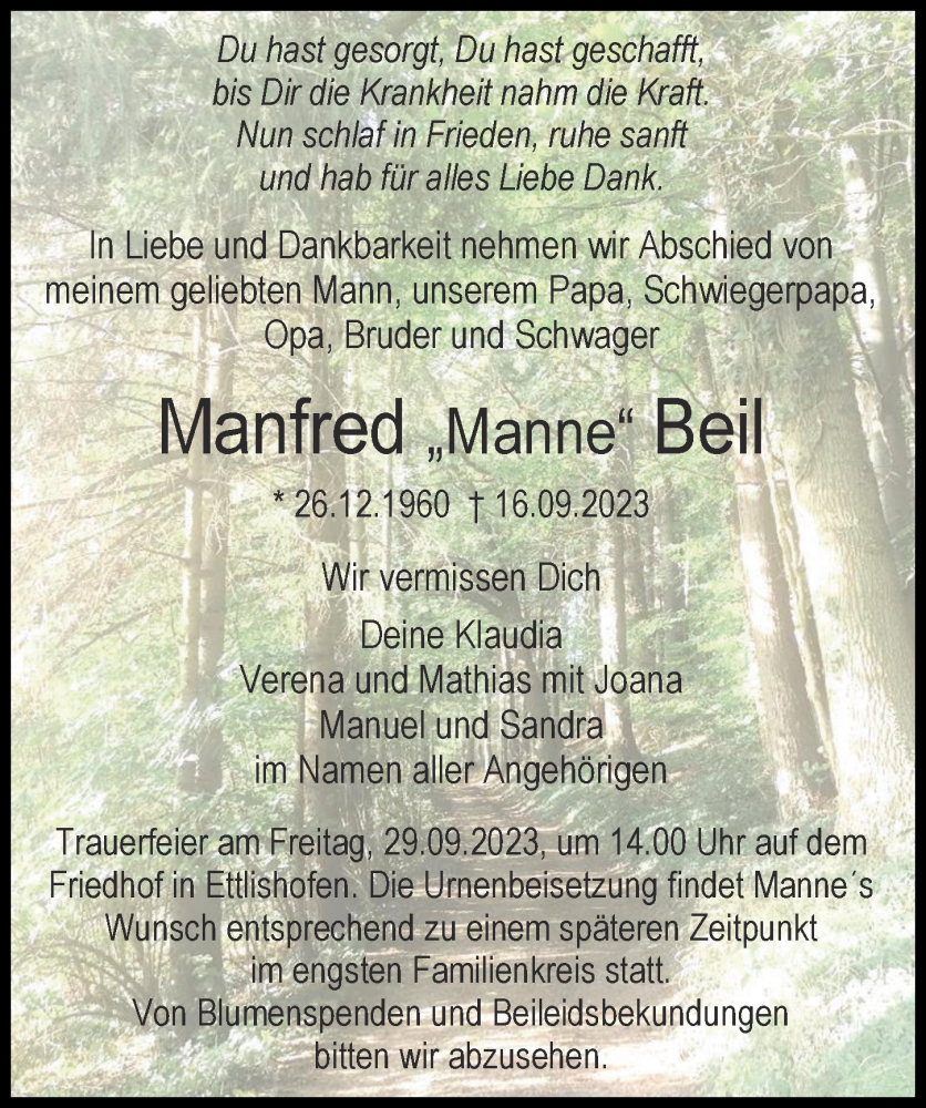 Traueranzeige für Manfred Beil vom 23.09.2023 aus Günzburger Zeitung