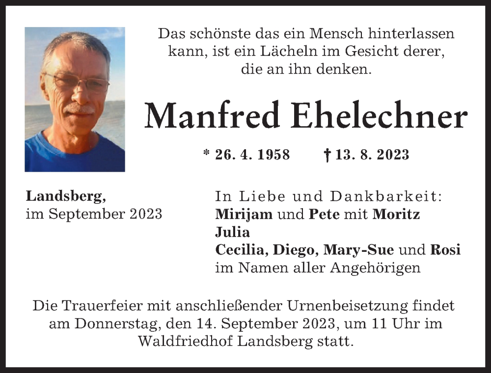 Traueranzeige von Manfred Ehelechner von Landsberger Tagblatt