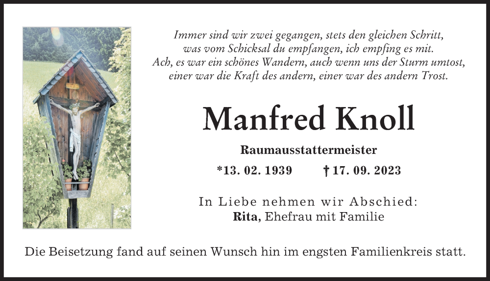  Traueranzeige für Manfred Knoll vom 30.09.2023 aus Günzburger Zeitung