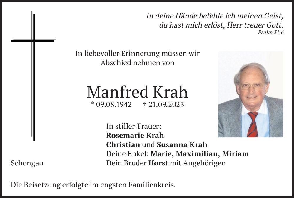 Traueranzeige von Manfred Krah von Landsberger Tagblatt