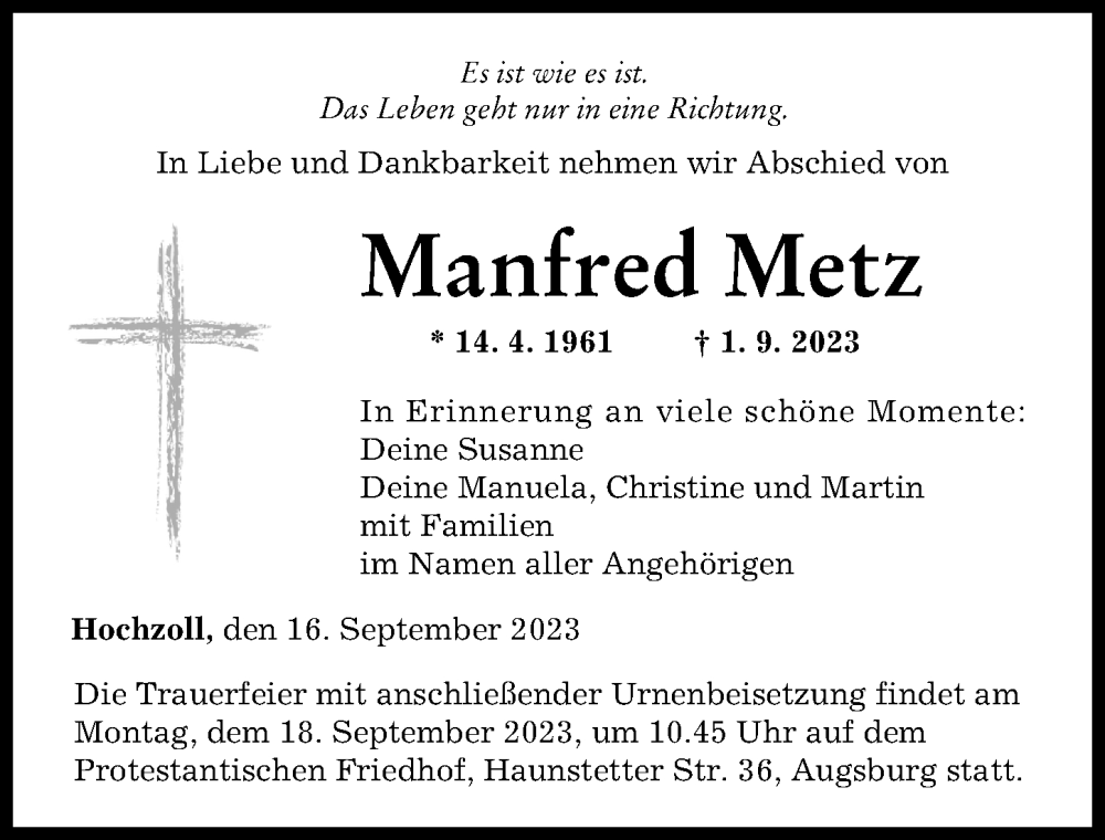  Traueranzeige für Manfred Metz vom 16.09.2023 aus Augsburger Allgemeine