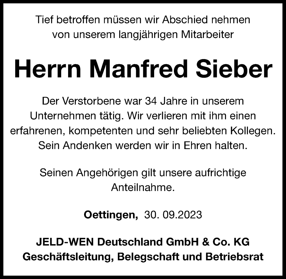  Traueranzeige für Manfred Sieber vom 30.09.2023 aus Rieser Nachrichten