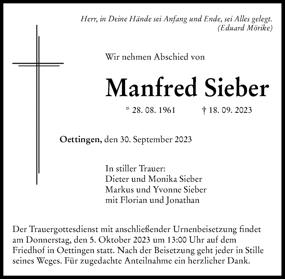  Traueranzeige für Manfred Sieber vom 30.09.2023 aus Rieser Nachrichten