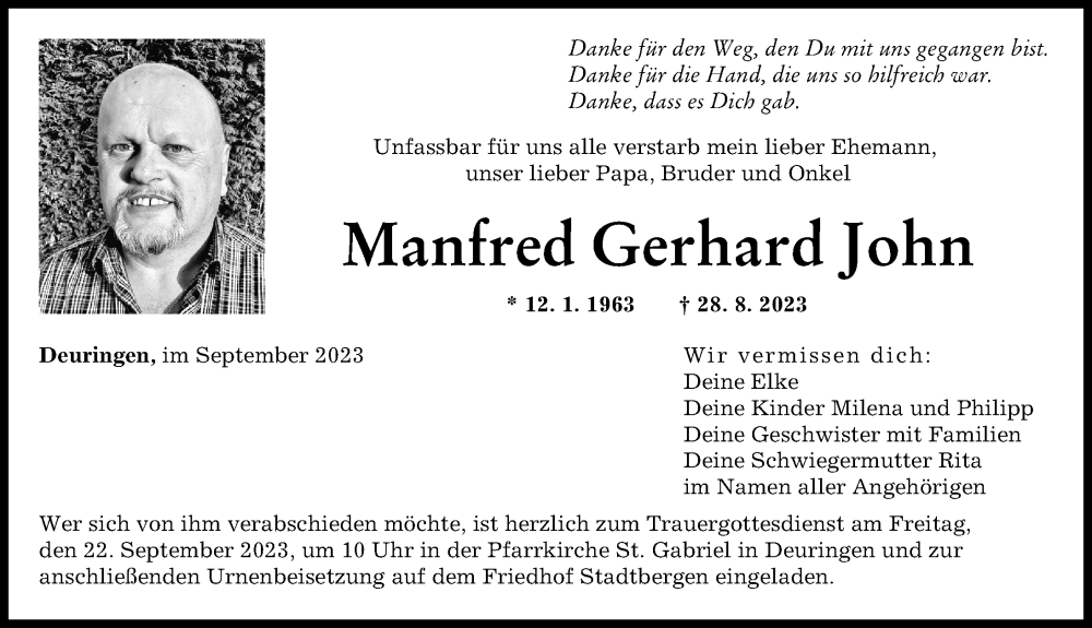 Traueranzeige für Manfred Gerhard John vom 16.09.2023 aus Augsburger Allgemeine
