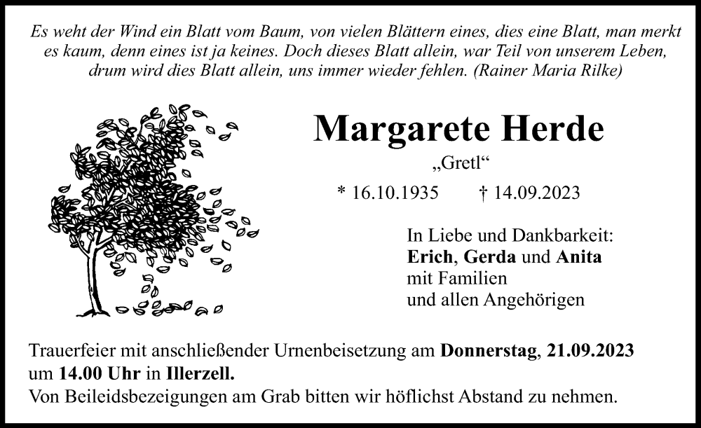  Traueranzeige für Margarete Herde vom 19.09.2023 aus Neu-Ulmer Zeitung
