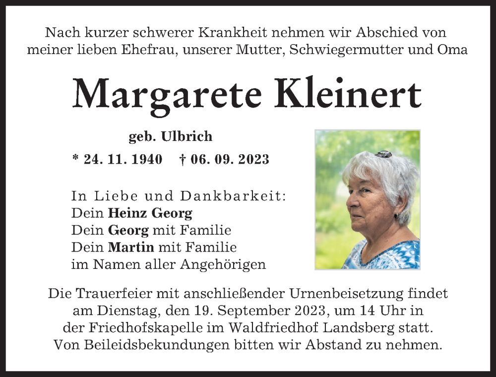 Traueranzeige von Margarete Kleinert von Landsberger Tagblatt