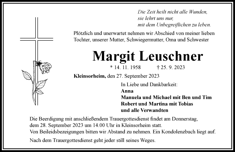 Traueranzeige für Margit Leuschner vom 27.09.2023 aus Rieser Nachrichten