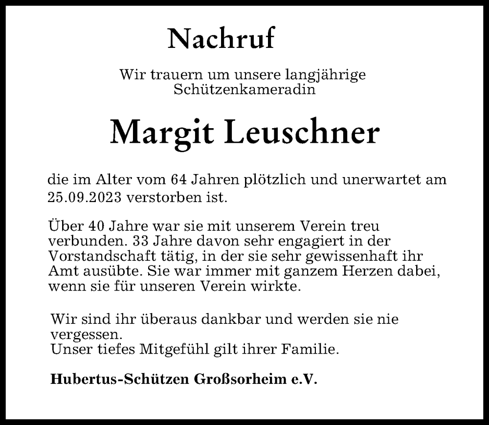  Traueranzeige für Margit Leuschner vom 30.09.2023 aus Rieser Nachrichten